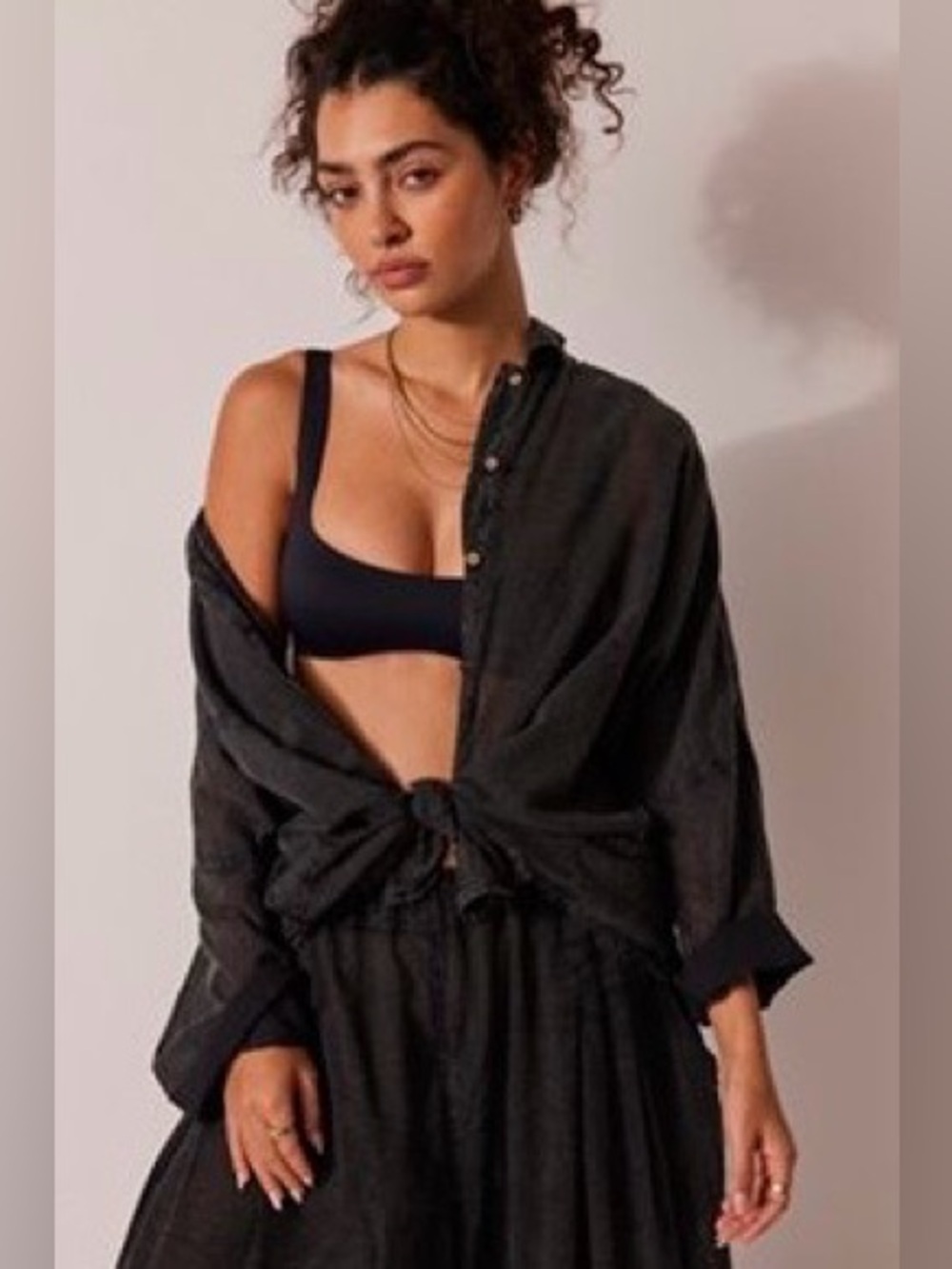 Free People Intimately Heat Of The Night Lounge Button Down Top Washed Black XS